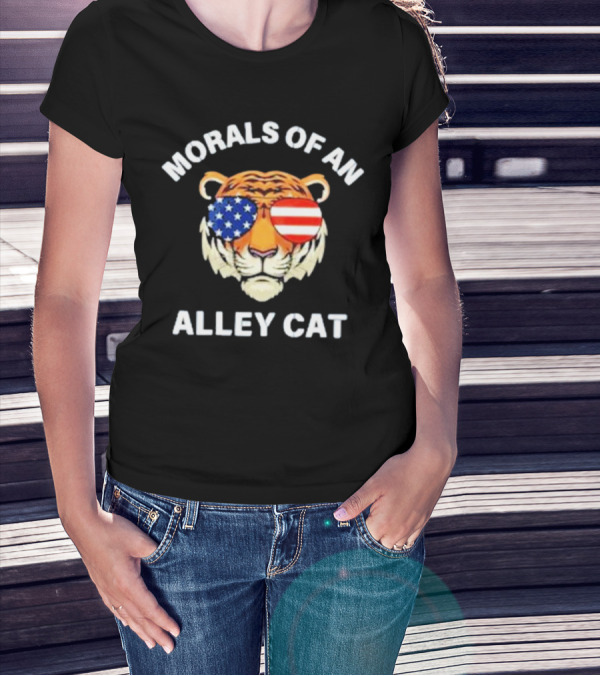 Morals Of An Alley Cat Tiger With American Flag Sunglasses T-Shirt