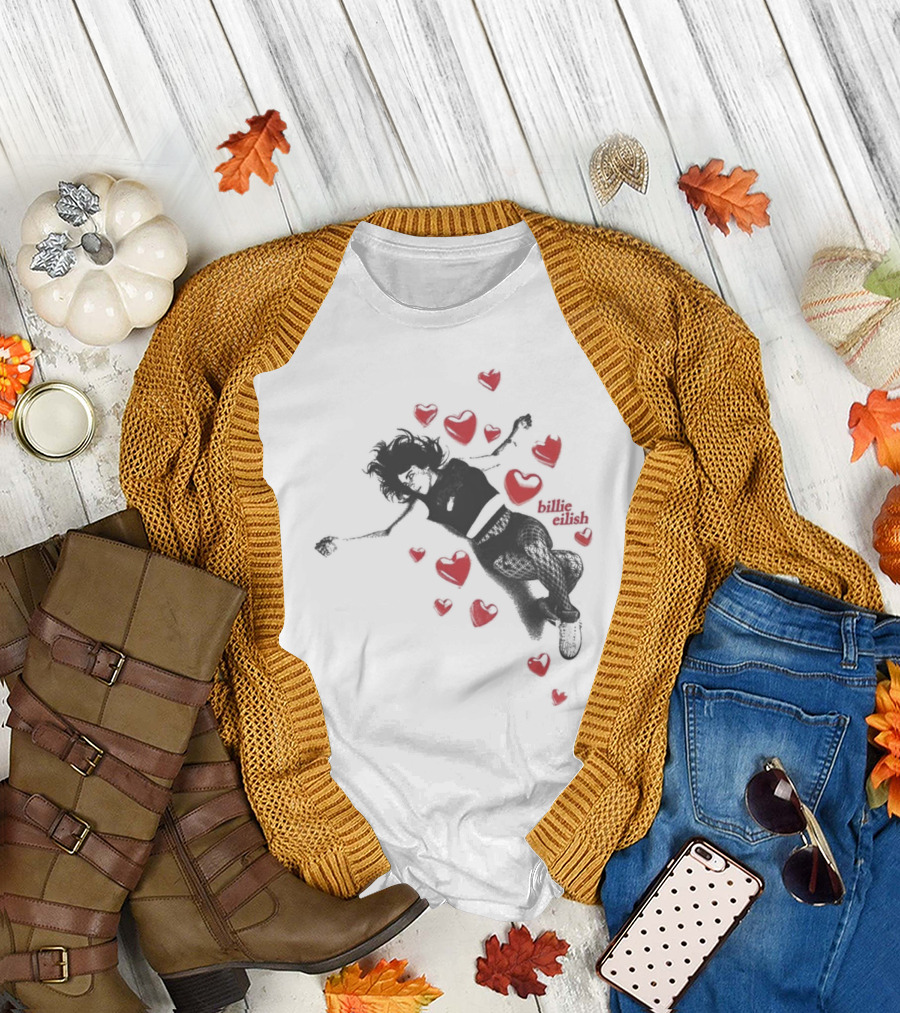 Billie Eilish Surrounded by Floating Red Hearts Valentine T-Shirt