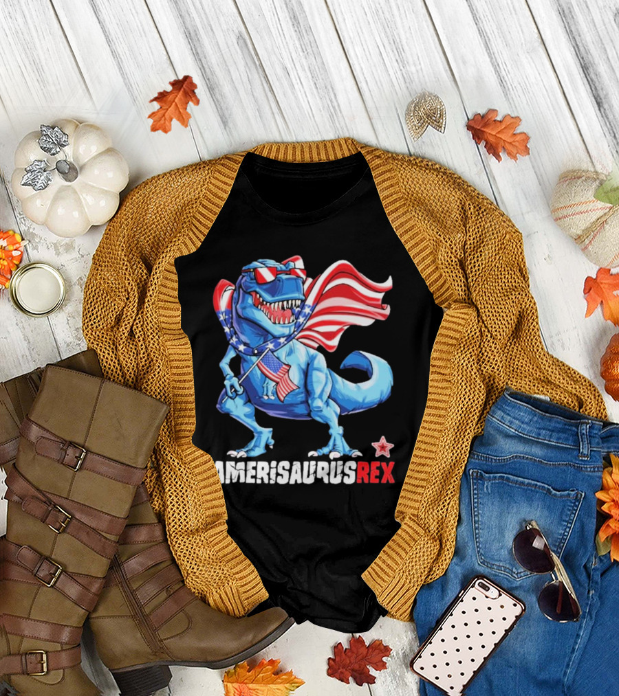 Amerisaurus Rex 4th of July Dinosaur with Flag and Sunglasses T-Shirt