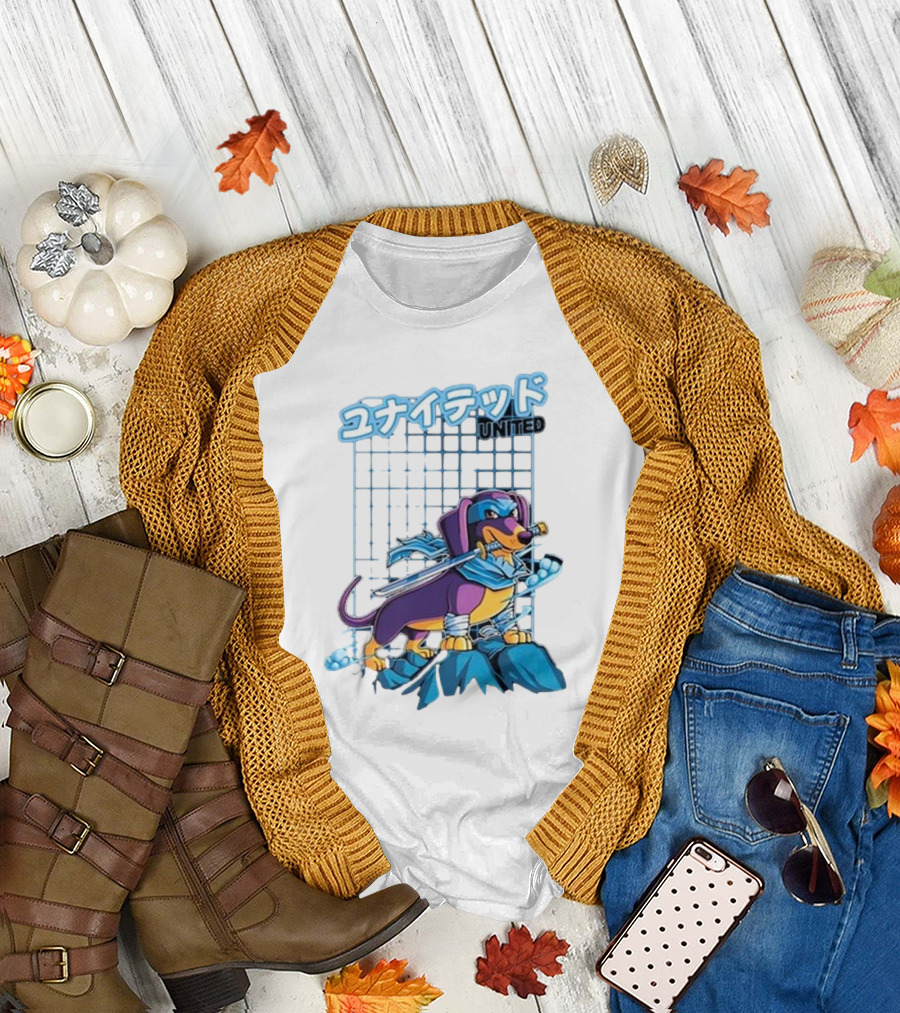 Dylan United Unitedgamer Bumi Ninja Dog on Rock with Sword and Blue Scarves T-Shirt