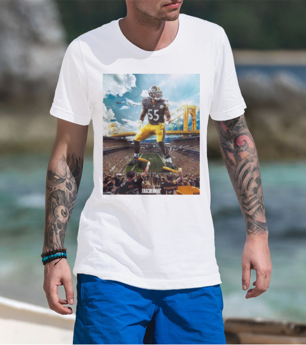 Thachermac Pittsburgh Steelers 55 Player In Stadium With Signature And Bridge Background T-Shirt