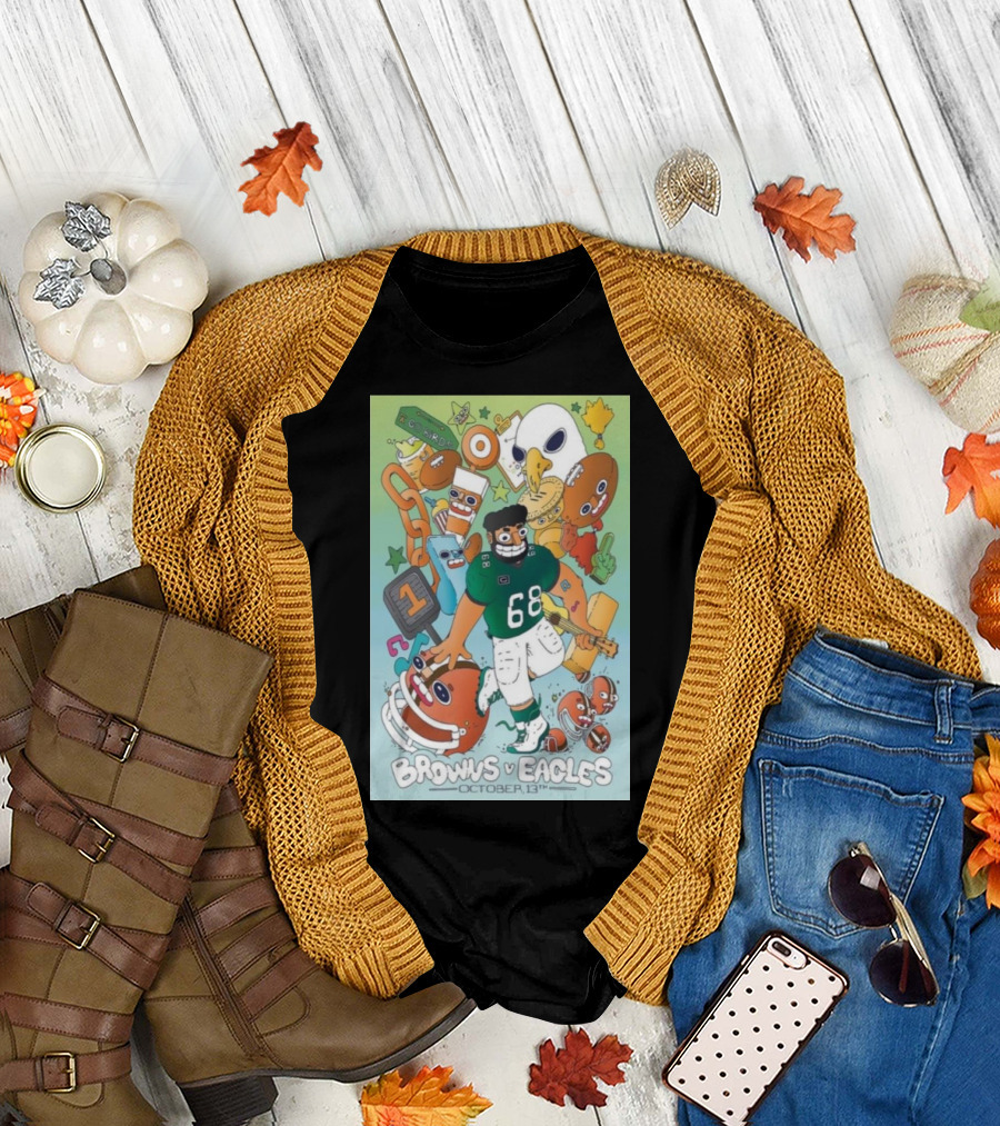 Browns vs Eagles October 13th Cartoon Illustration Featuring Mascots and Helmet With Number 68 T-Shirt