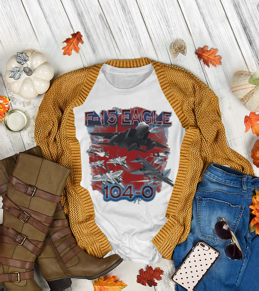 F-15 Eagle 104-0 Jet Aircraft Formation with Lightning and Red Backdrop T-Shirt