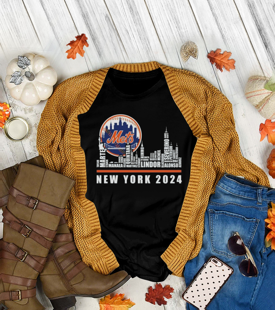 New York Mets 2024 Marte Lindor Alonso Severino Quintana Player Names Skyline T-Shirt