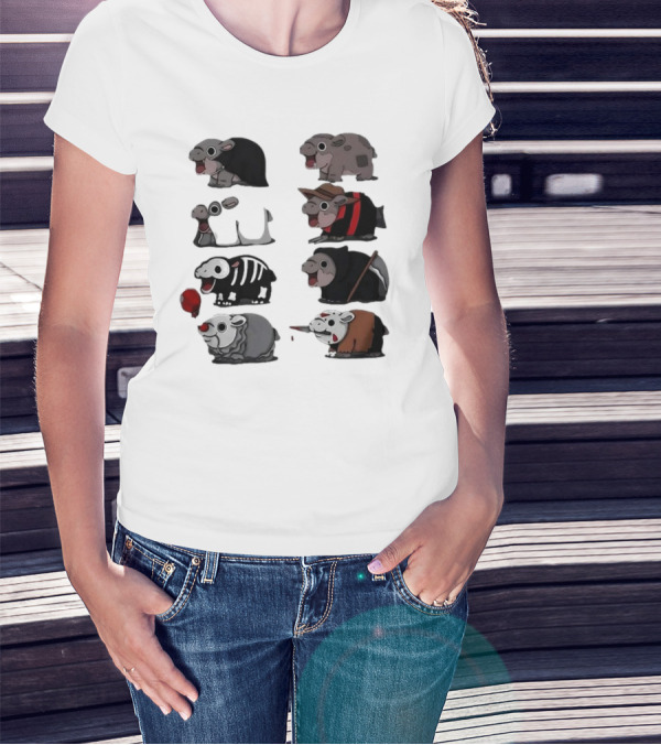 Scary Hippo Moo Deng Parody Characters In Horror Costumes T-Shirt