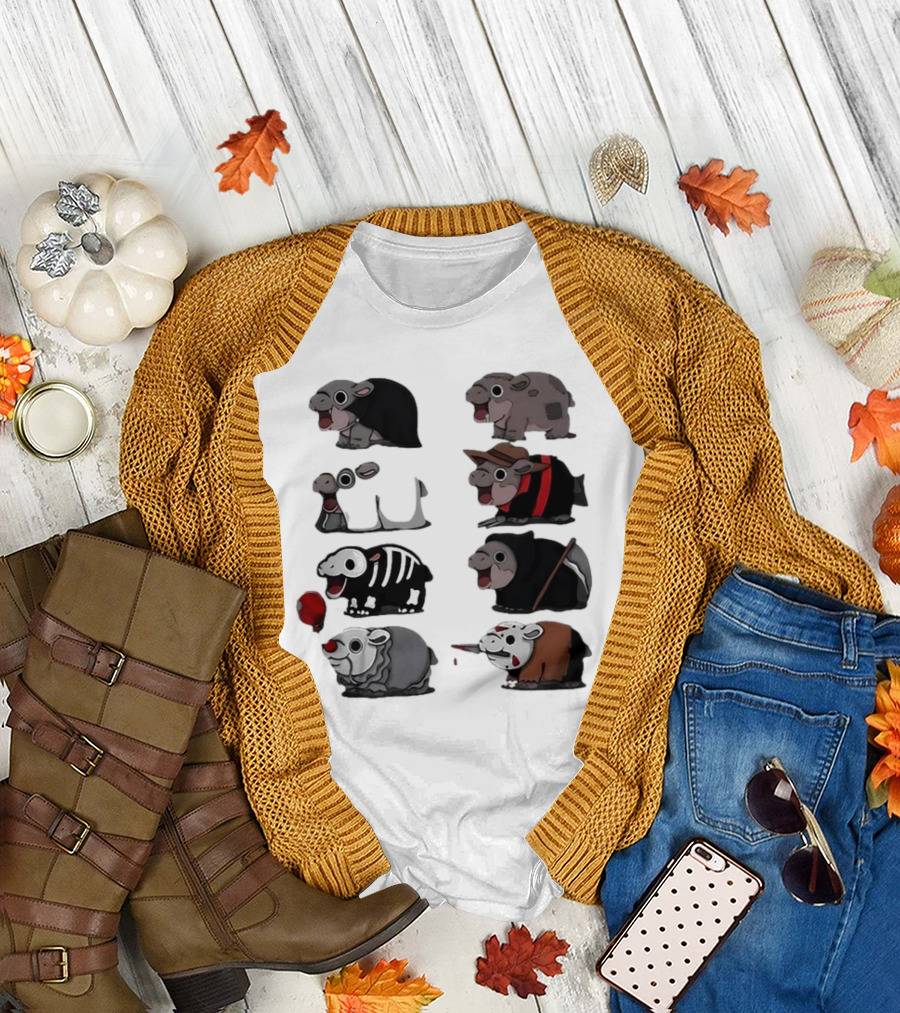 Scary Hippo Moo Deng Parody Characters in Horror Costumes T-Shirt