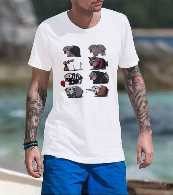 Scary Hippo Moo Deng Parody Characters In Horror Costumes T-Shirt