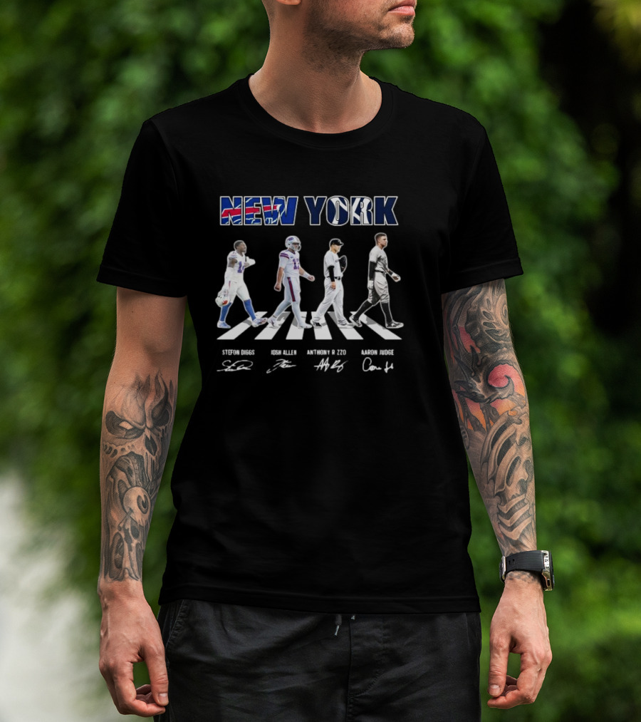 New York Teams Buffalo Bills Yankees Stefon Diggs Josh Allen Anthony Rizzo Aaron Judge Walking Signatures T-Shirt