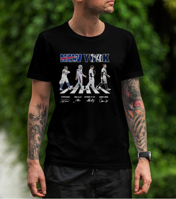New York Teams Buffalo Bills Yankees Stefon Diggs Josh Allen Anthony Rizzo Aaron Judge Walking Signatures T-Shirt