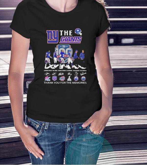 NY Giants 100 Seasons Abbey Road Lawrence Taylor Phil Simms Michael Strahan Eli Manning Tom Coughlin Bill Parcells Signatures Thank You For The Memories T-Shirt