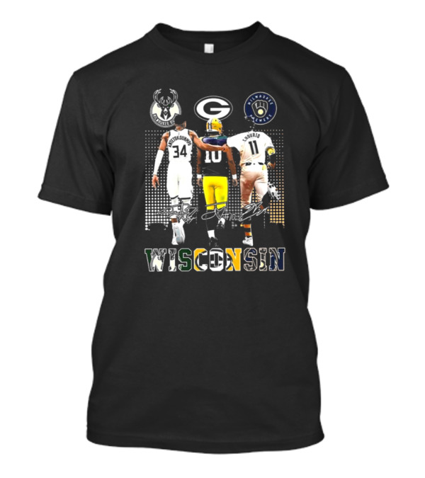 Wisconsin Milwaukee Bucks Packers Brewers Giannis Antetokounmpo Jackson Chourio Jordan Love Signatures T-Shirt