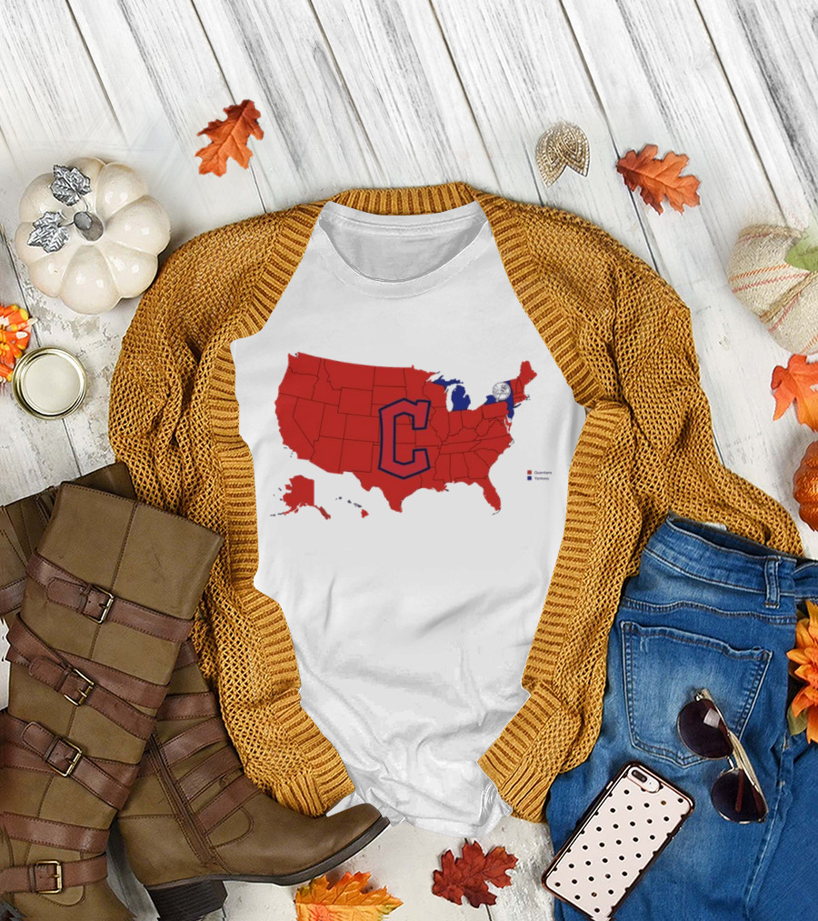 Map Showing Cleveland Guardians Dominance Over New York Yankees in ALCS Fan Support Across America T-Shirt
