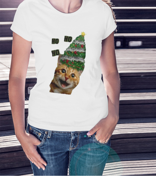 Cat With Christmas Tree Hat Ho Ho Ho Christmas T-Shirt