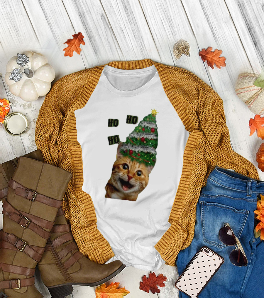 Cat With Christmas Tree Hat Ho Ho Ho Christmas T-Shirt