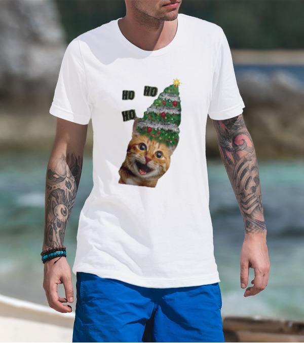 Cat With Christmas Tree Hat Ho Ho Ho Christmas T-Shirt
