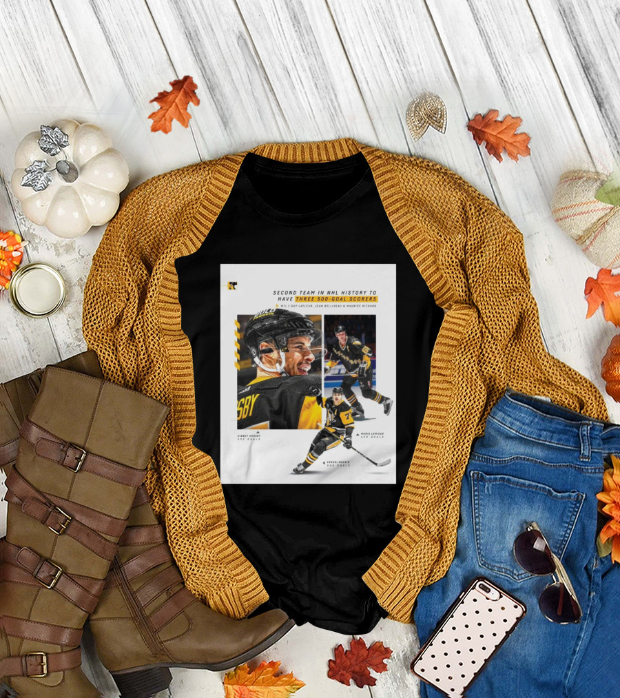 Pittsburgh Penguins Historic 500 Goal Scorers Sidney Crosby Mario Lemieux Evgeni Malkin NHL Milestone T-Shirt
