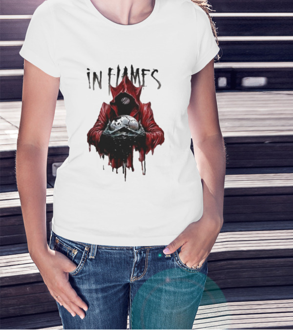 In Flames Siren Charms Red Hooded Figure Holding Cracked Mask T-Shirt