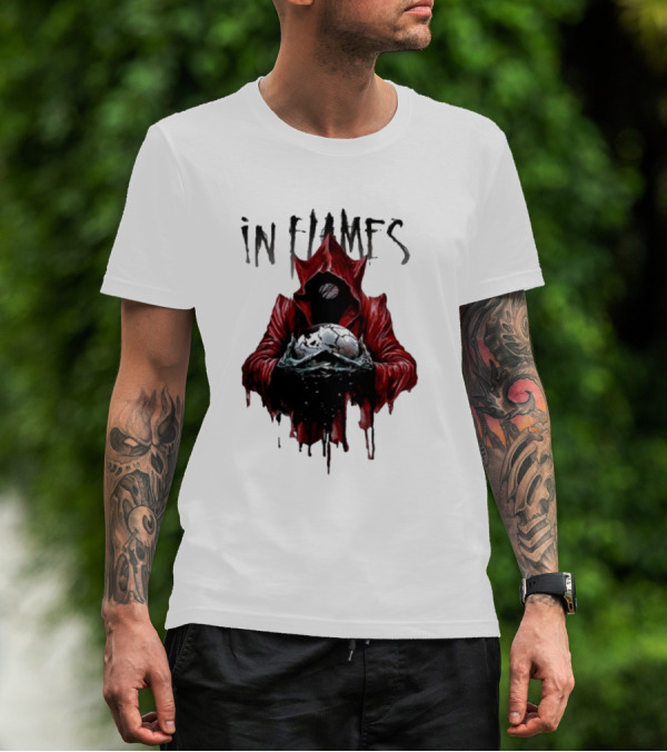 In Flames Siren Charms Red Hooded Figure Holding Cracked Mask T-Shirt