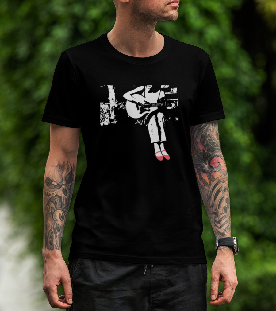 Devon Gabriella Playing Acoustic Guitar Black And White Contrast Red Shoes T-Shirt