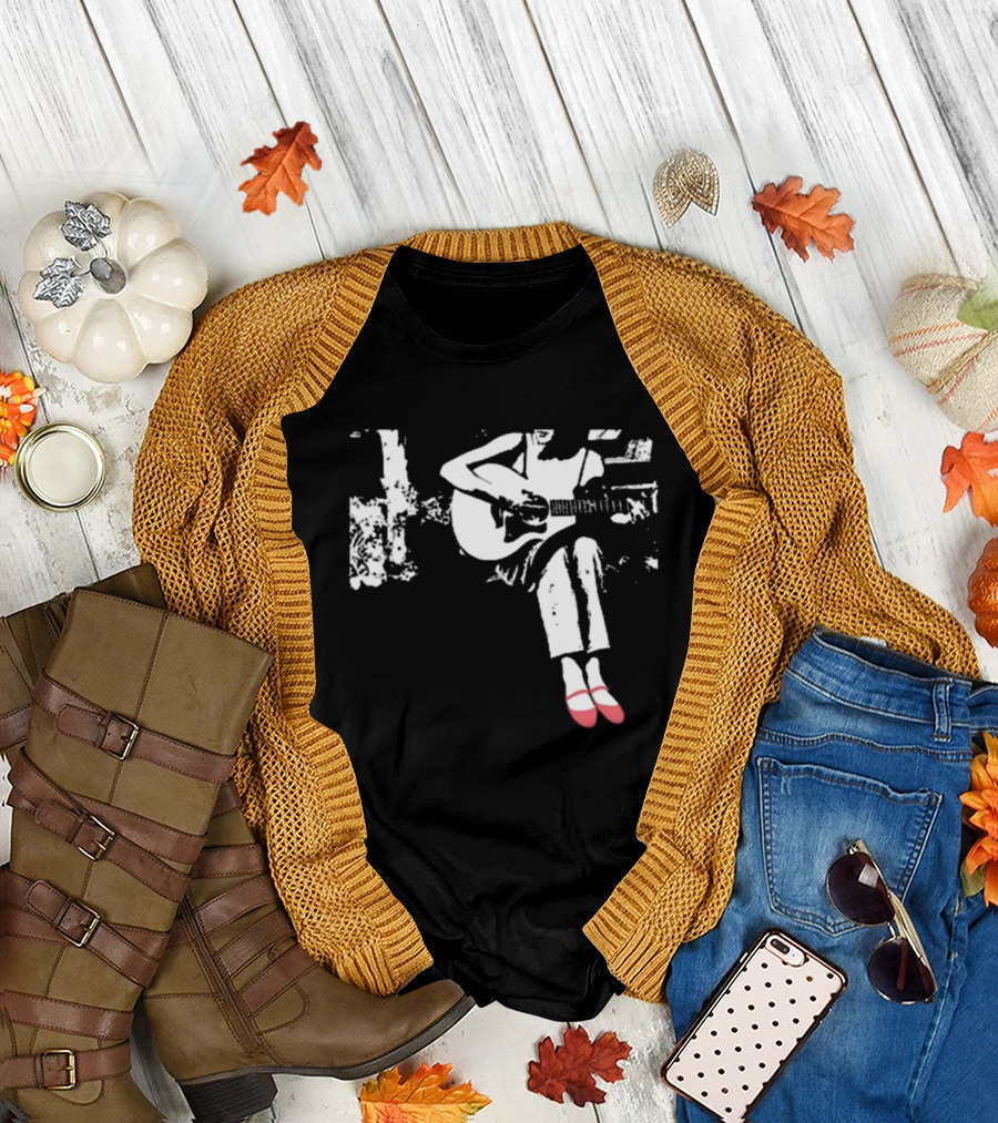 Devon Gabriella Playing Acoustic Guitar Black And White Contrast Red Shoes T-Shirt