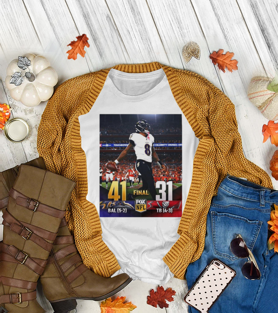Baltimore Ravens 41 Final 31 Tampa Bay Buccaneers NFL Football Game Summary Ravens 5-2 Bucs 4-3 T-Shirt