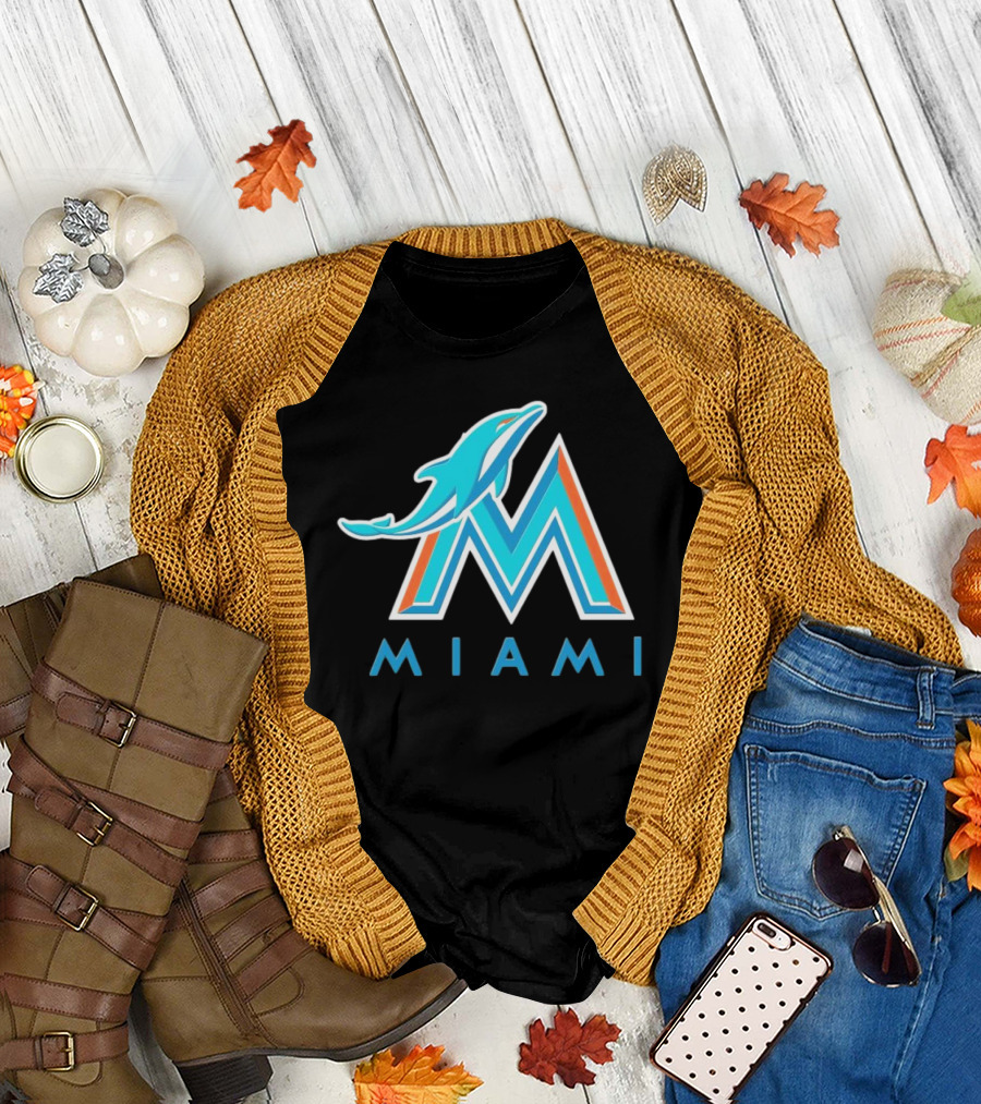 NFL x MLB Miami Dolphins X Miami Marlins M Logo Mashup Miami T-Shirt