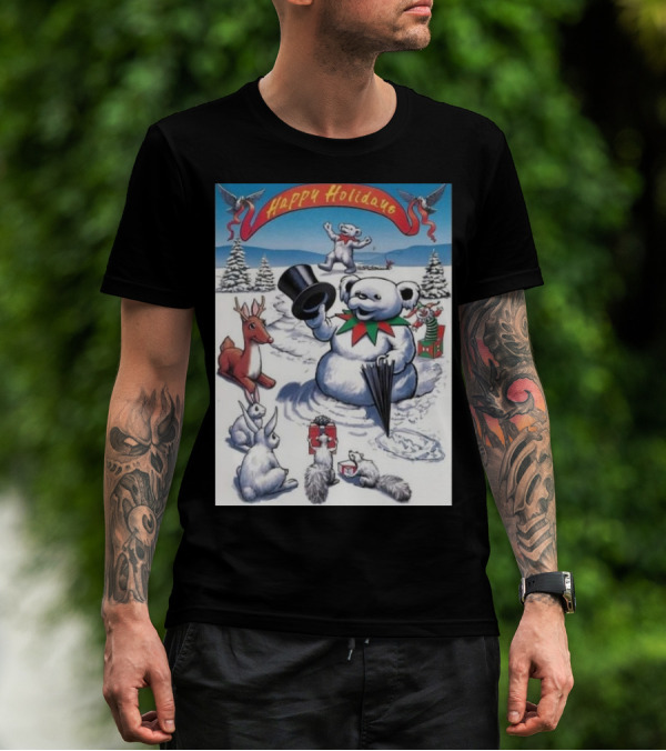 Grateful Dead Happy Holidays Snowman Bear With Animals And Snowy Landscape T-Shirt