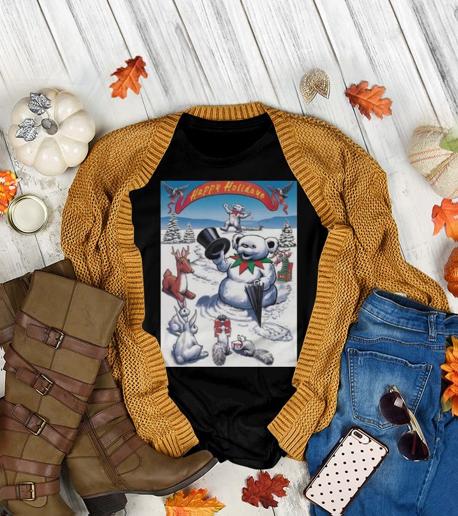 Grateful Dead Happy Holidays Snowman Bear with Animals and Snowy Landscape T-Shirt