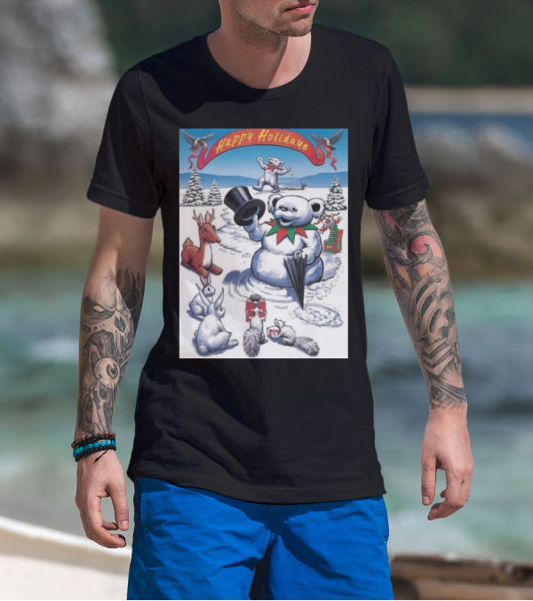 Grateful Dead Happy Holidays Snowman Bear With Animals And Snowy Landscape T-Shirt