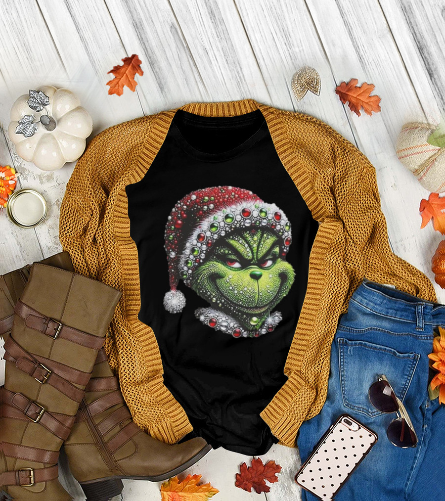 Grinch 2024 The Creepy Smile For Christmas Sparkling Santa Hat Gemstone T-Shirt