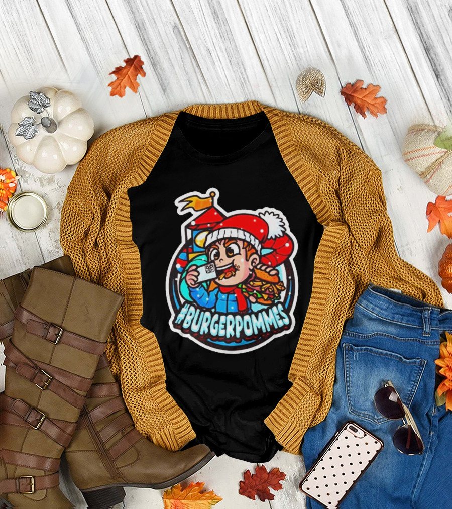Lukasbs #Burgerpommes Christmas 2024 Festive Cartoon Santa Hat Burger Sandwich T-Shirt