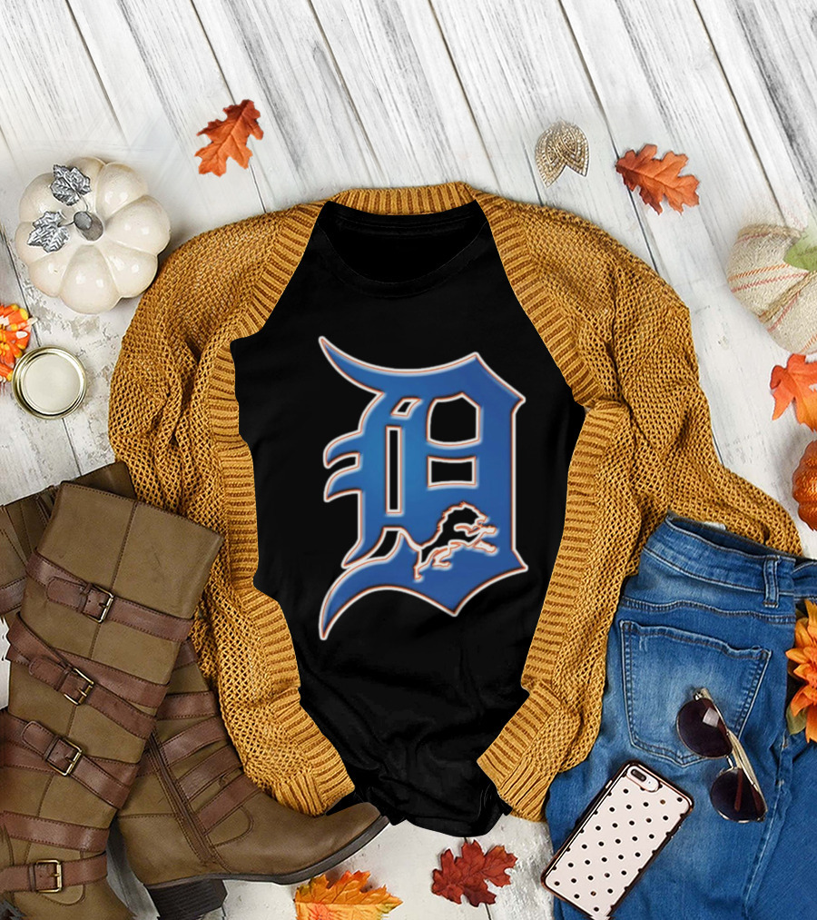 Detroit Lions Tigers Logo Mashup NFL MLB Blue D T-Shirt