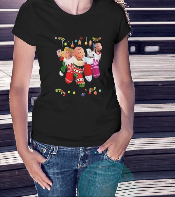 Peanuts Snoopy Charlie Brown Christmas Stockings Santa Claus Friends Holiday Cheer T-Shirt