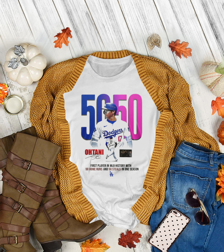 Los Angeles Dodgers Shohei Ohtani 50/50 First Player in MLB History with 50 Home Runs and 50 Steals in One Season T-Shirt
