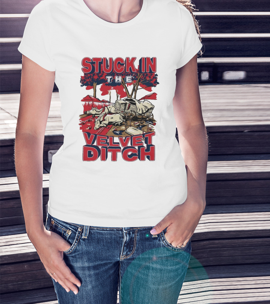 Stuck In The Velvet Ditch Ole Miss Rebels Wagon Red Blue Trees T-Shirt