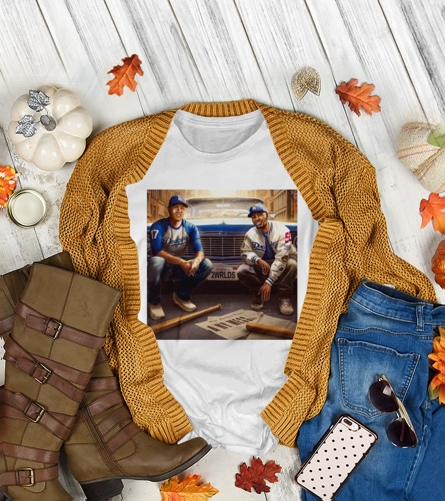 Shohei Ohtani and Mookie Betts Dodgers 2 Worlds California License Plate Baseball Street Scene T-Shirt