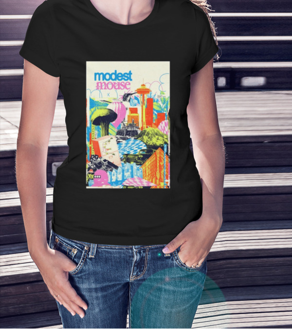 Modest Mouse October 30 2024 Paramount Theatre Seattle WA Colorful Cityscape With Space Needle T-Shirt