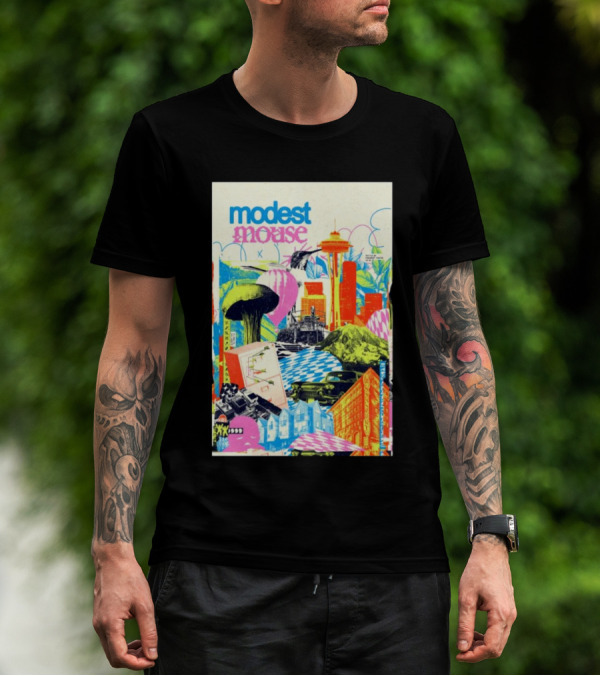 Modest Mouse October 30 2024 Paramount Theatre Seattle WA Colorful Cityscape With Space Needle T-Shirt