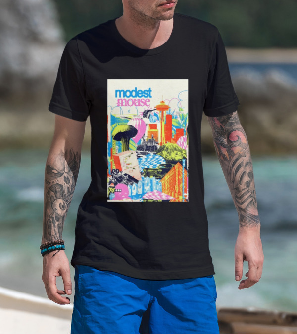 Modest Mouse October 30 2024 Paramount Theatre Seattle WA Colorful Cityscape With Space Needle T-Shirt
