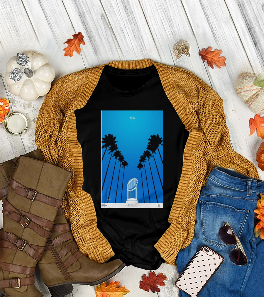 Los Angeles Dodgers 2024 World Series Champions Minimalist Poster with Trophy and Palm Trees T-Shirt