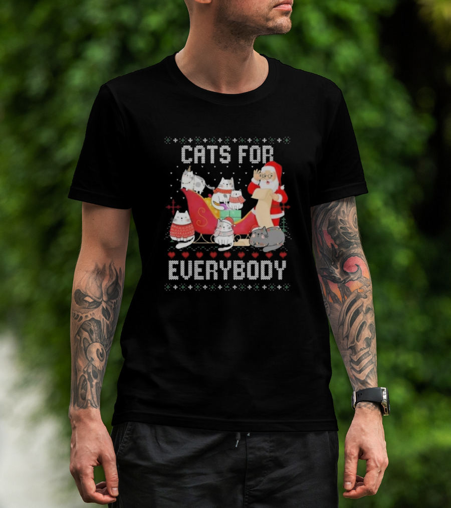 Cats For Everybody Christmas Ugly Cute Cat Lover Santa Sleigh Pullover T-Shirt