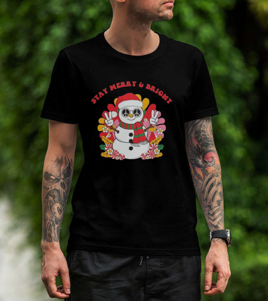 Stay Merry And Bright Peaceful Snowman Christmas T-Shirt