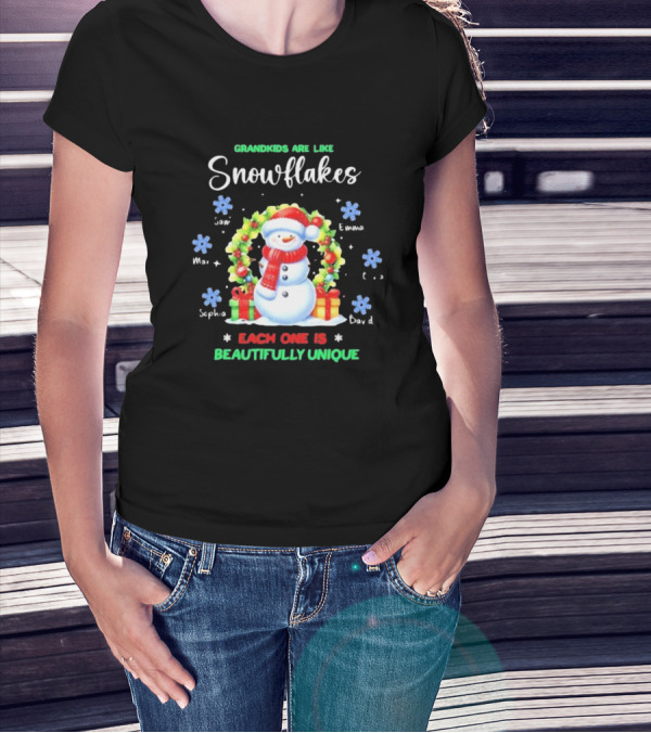 Grandkids Are Like Snowflakes Each One Is Beautifully Unique Christmas Personalized Names Snowman Wreath T-Shirt