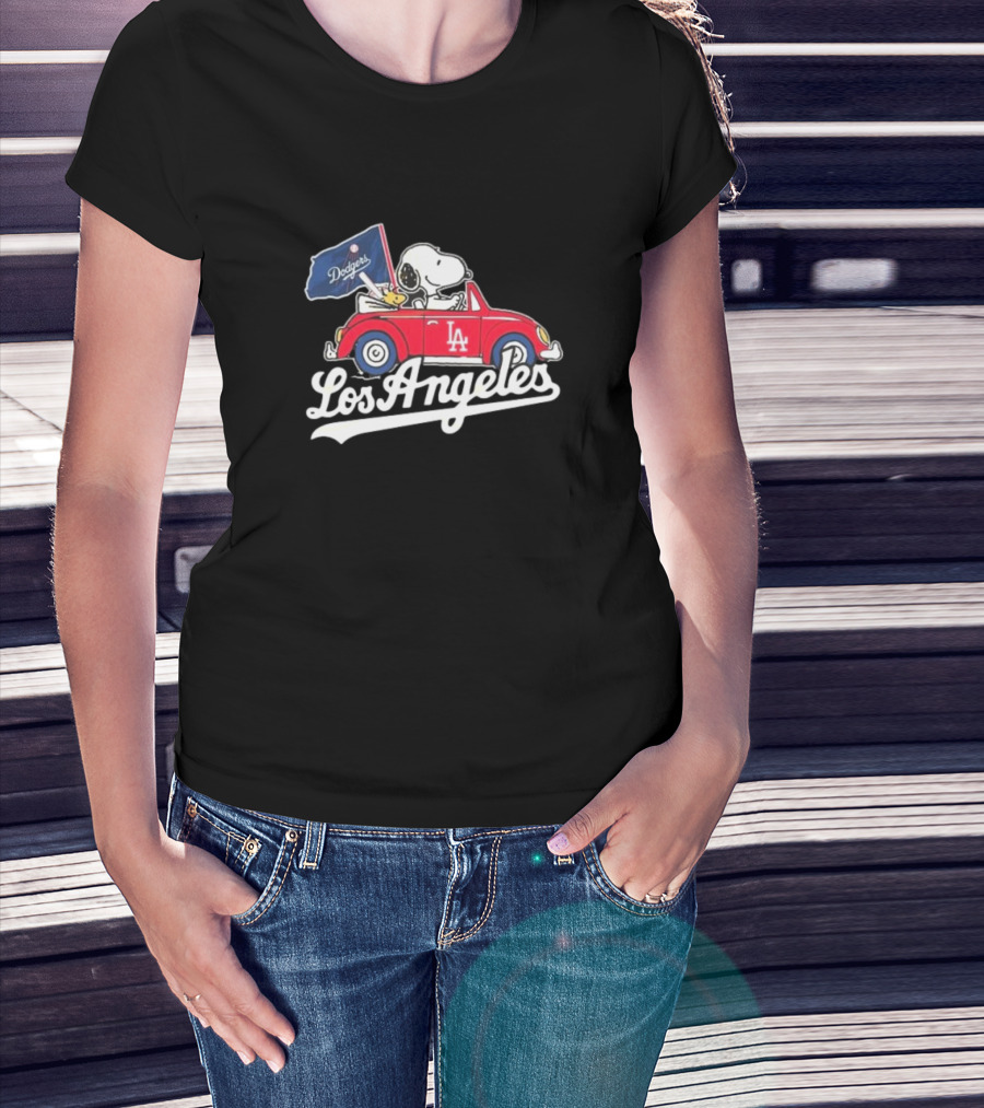 Snoopy Woodstock Driving Car Los Angeles Dodgers Flag T-Shirt