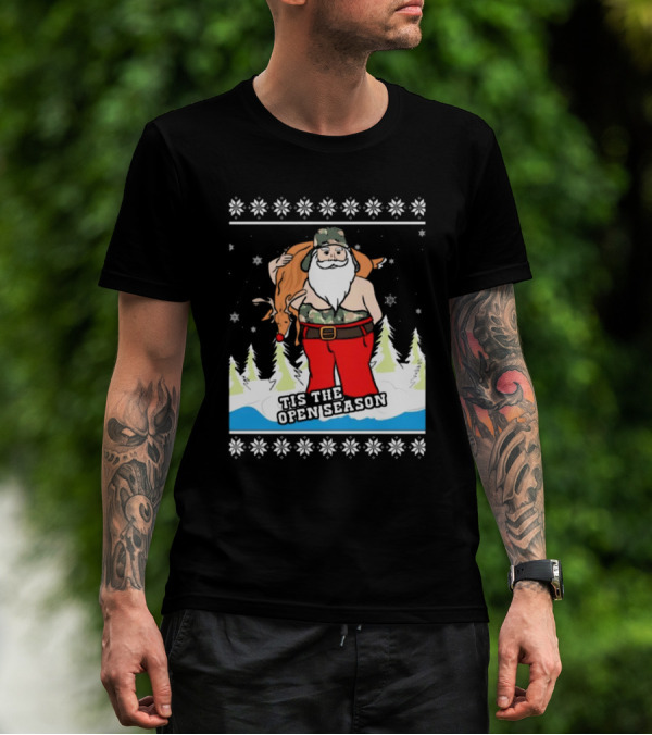 Hunting Santa Tis The Open Season Camouflage Ugly Christmas Sweaters T-Shirt