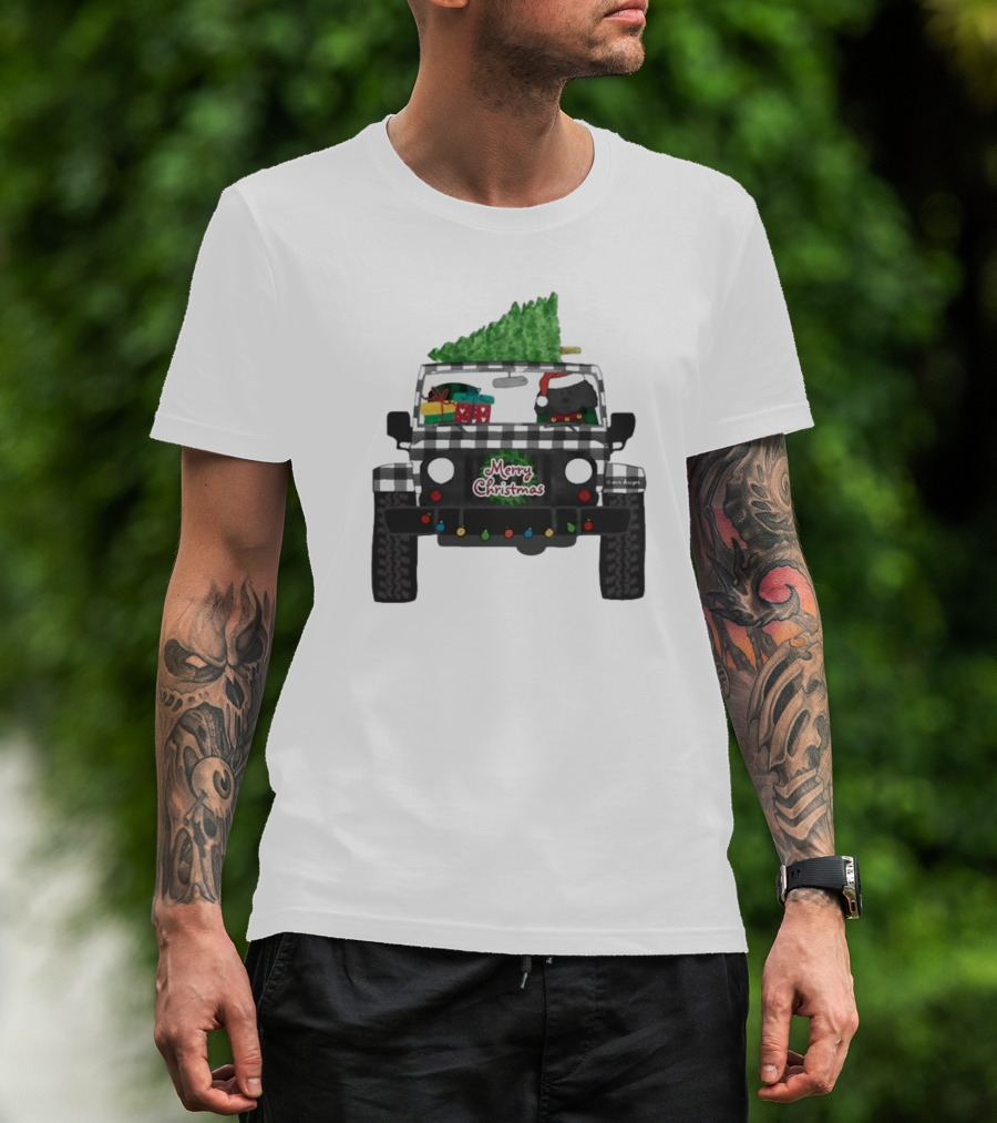 Merry Christmas Black Buffalo Plaid Jeep With Cartoon Labradoodle And Tree T-Shirt