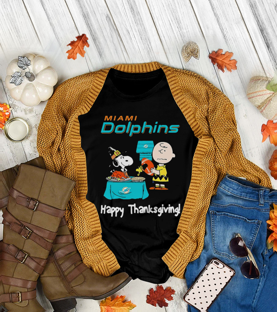Miami Dolphins Peanuts NFL Football Happy Thanksgiving T-Shirt