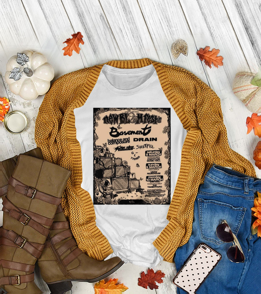 New Bloom Fest 2025 Basement Balance and Composure Drain Turnover Live Concert March 8-10 T-Shirt