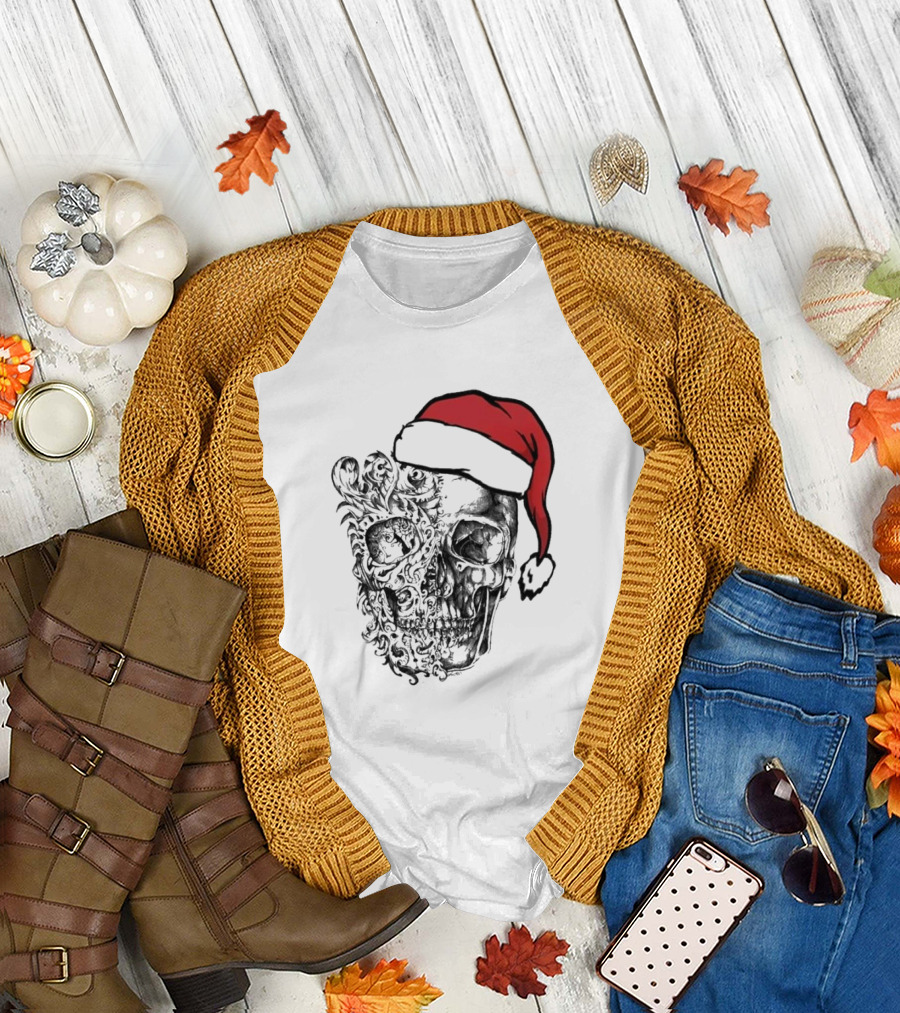 Skulls And Bodies Christmas With Santa Hat Humor T-Shirt