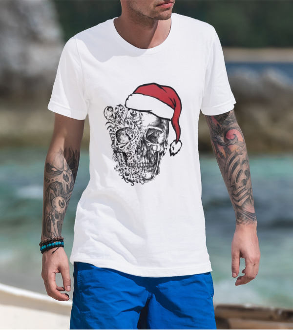 Skulls And Bodies Christmas With Santa Hat Humor T-Shirt